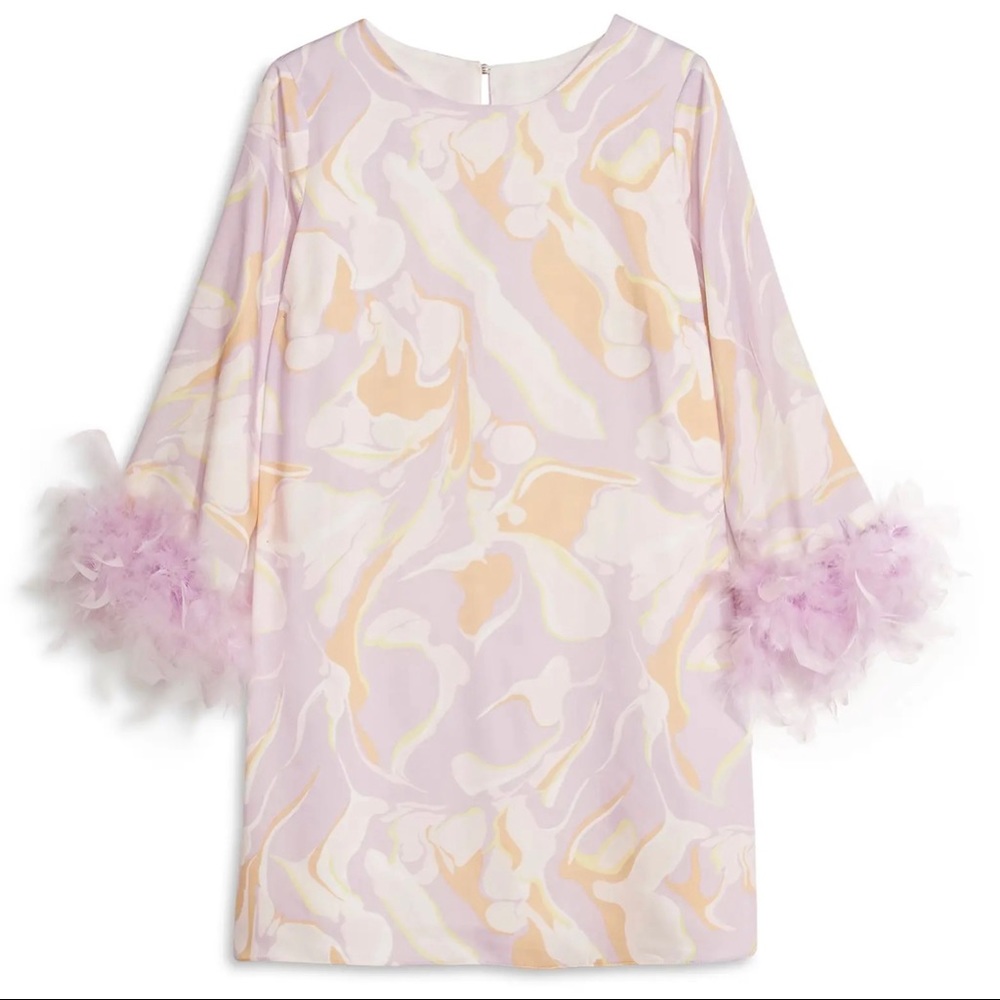 River Island Marble Print Faux Feather Cuff Shift Dress Sz 10/12 NWT